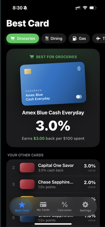 CardPick app showing best card for dining