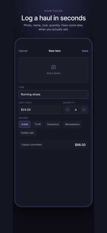 Adding an item with cost, quantity, source and return window