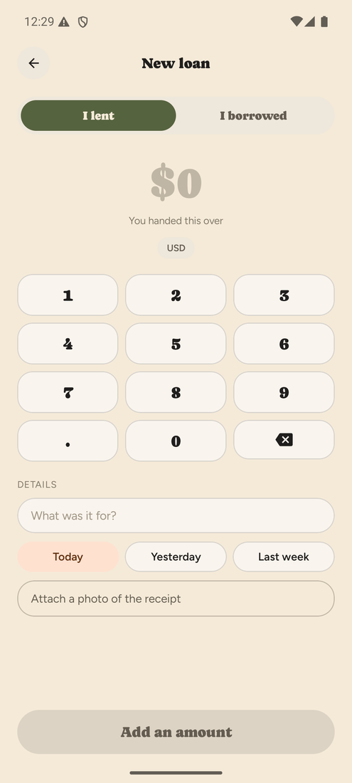 Adding a loan in TallyPad on Android, with a large keypad and a save button reading the amount back.