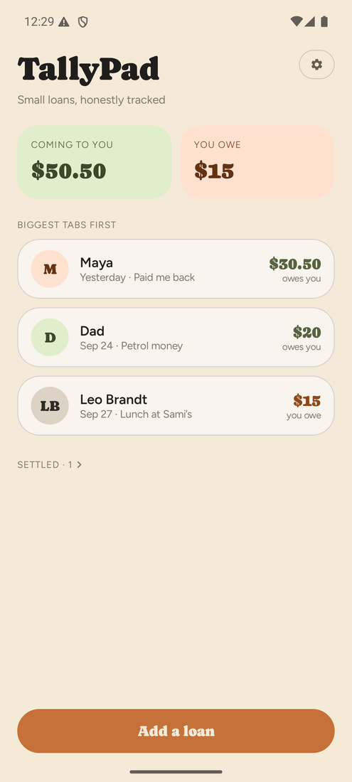TallyPad on Android showing the same list of balances as the iPhone version.