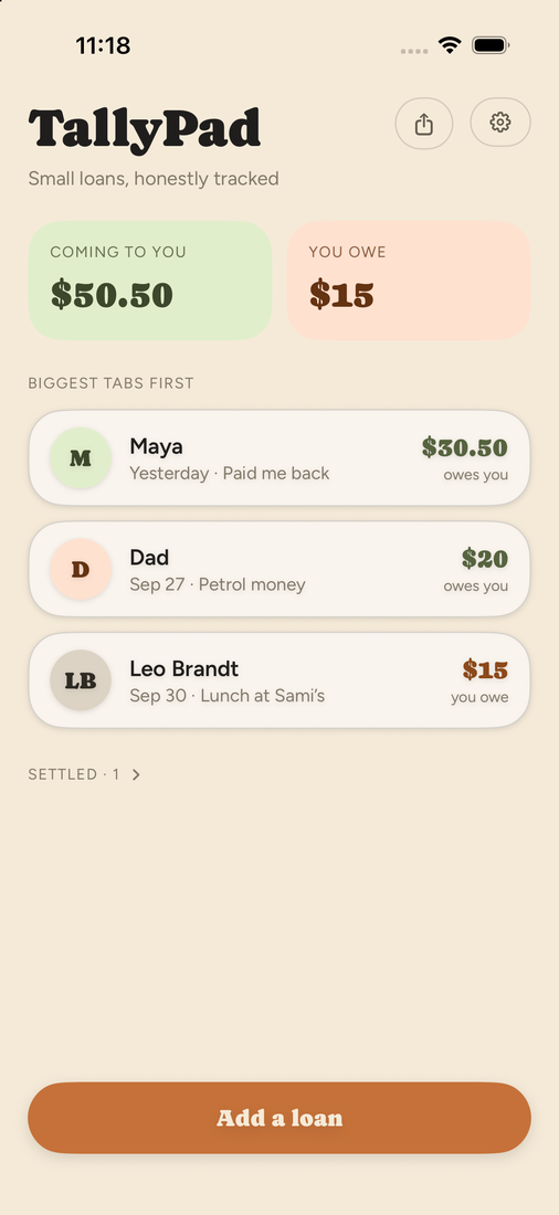 TallyPad on iPhone: everyone you have a balance with, with totals for what is coming to you and what you owe.