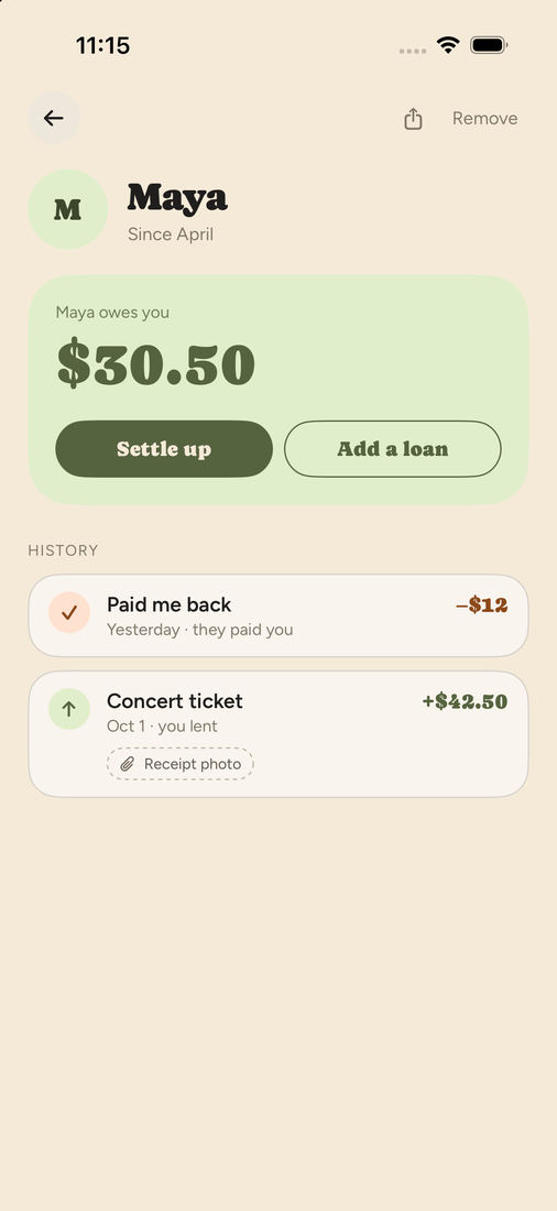 One person in TallyPad on iPhone, showing a $30.50 balance and the entries behind it.
