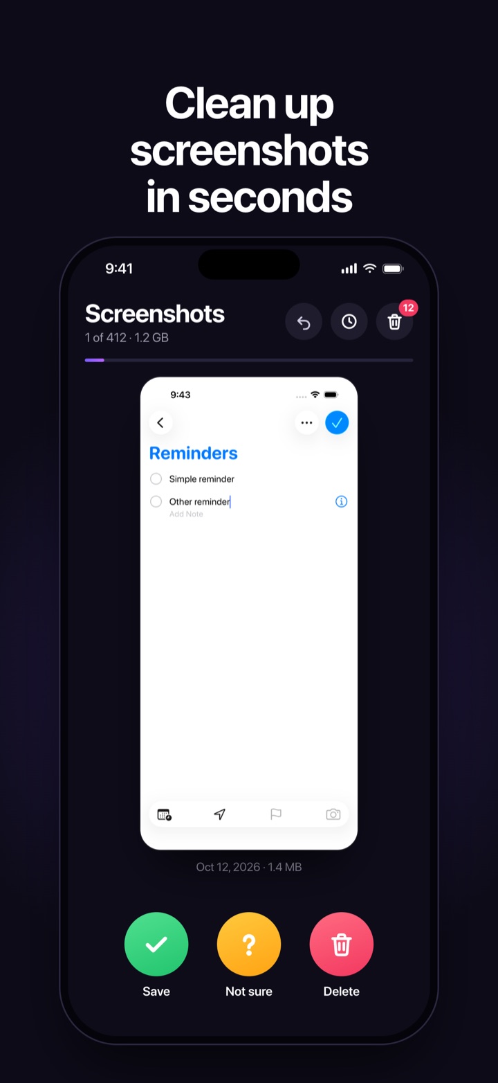 TidyShots showing a screenshot full screen with Save, Not sure and Delete buttons underneath.