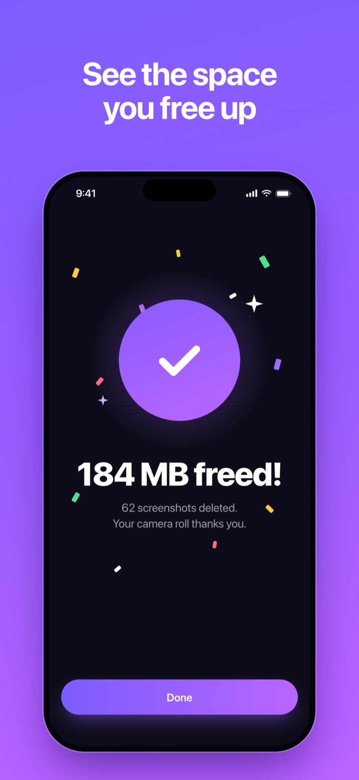 See the space you free up: a celebration screen reading 184 MB freed after deleting 62 screenshots.