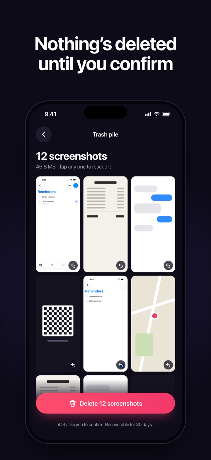 Nothing's deleted until you confirm: the trash pile grid with 12 screenshots and a Delete 12 screenshots button.