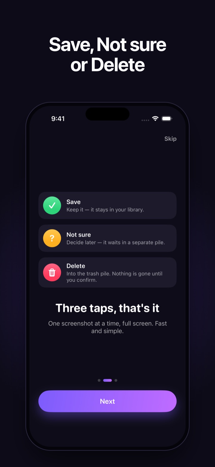 Save, Not sure or Delete: the onboarding screen explaining the three buttons.